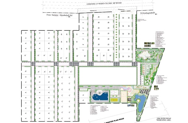 Master plan layout of Sobha One Residence showing tower positions and green spaces